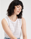 View of model wearing Lucent White Sweater Tank, Regular Fit.