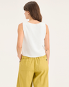 Back view of model wearing Lucent White Sweater Tank, Regular Fit.