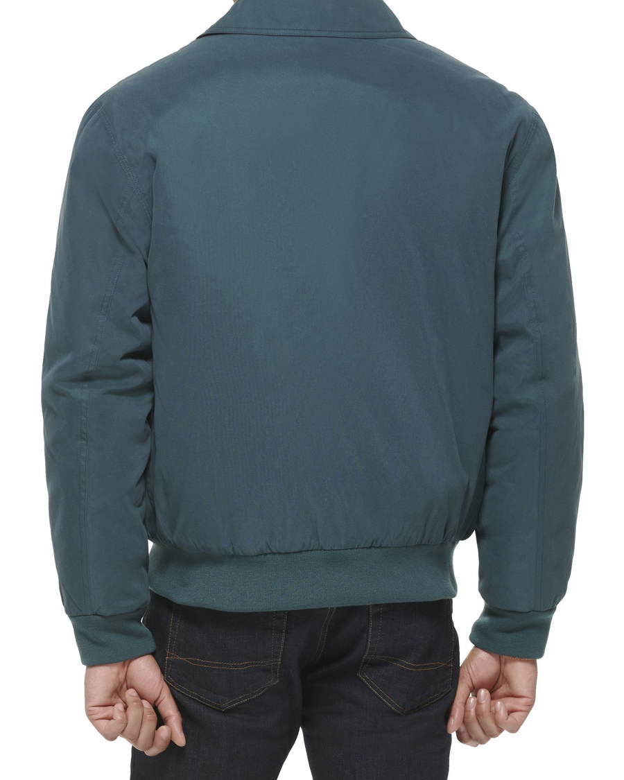 Back view of model wearing Magical Forest Microtwill Relaxed Laydown Collar Bomber.
