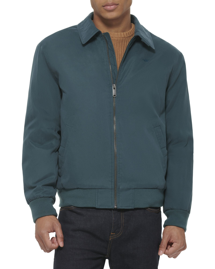 Front view of model wearing Magical Forest Microtwill Relaxed Laydown Collar Bomber.