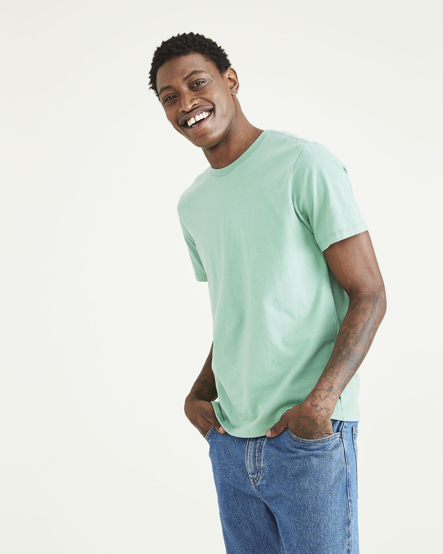 Front view of model wearing Malachite Green Crewneck Tee, Slim Fit.
