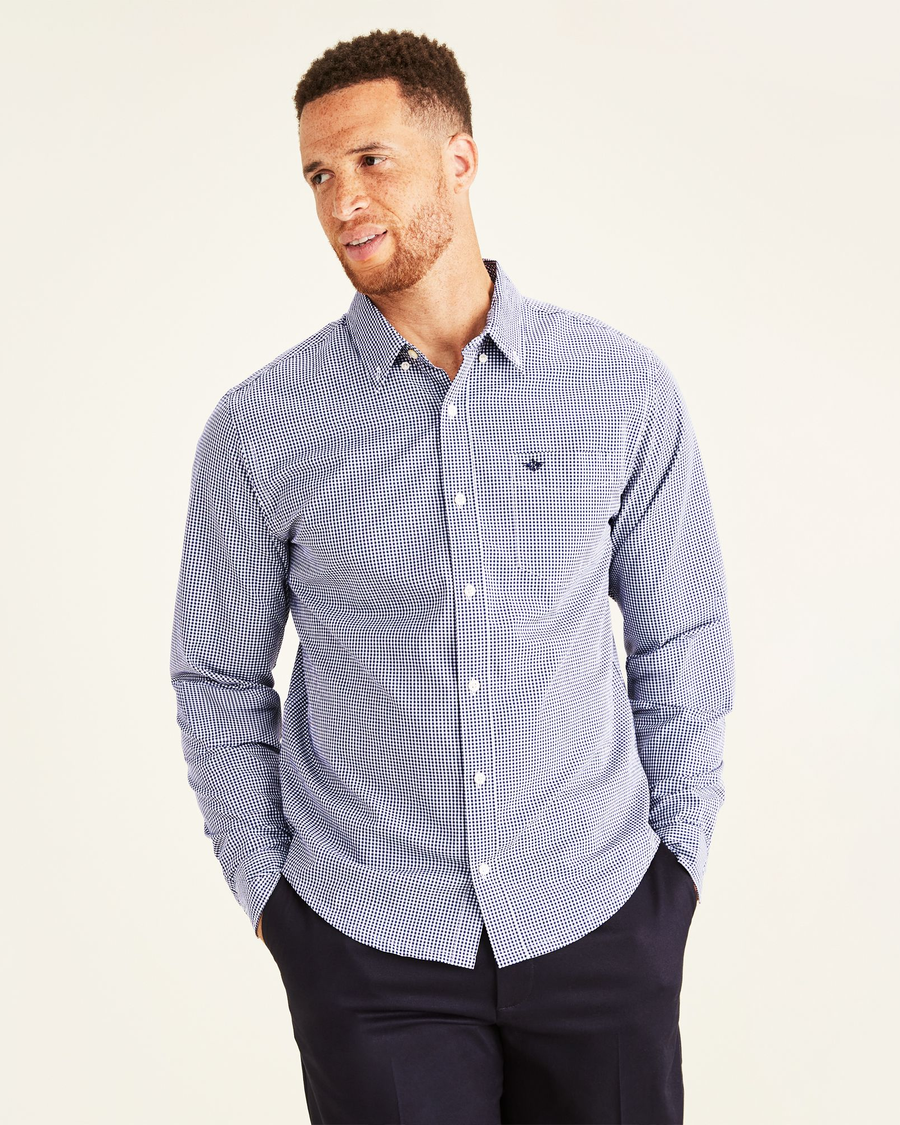 Front view of model wearing Medieval Blue Signature Comfort Flex Shirt, Classic Fit (Big and Tall).