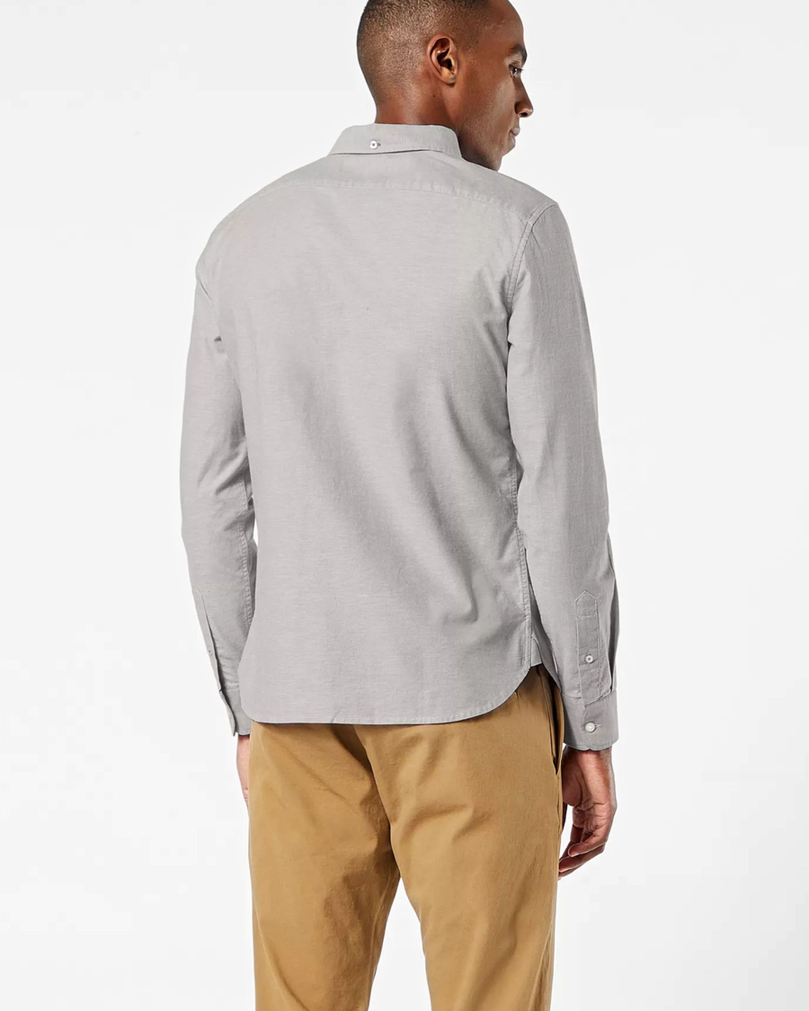Back view of model wearing Medium Grey Heather Stretch Oxford Shirt, Slim Fit.
