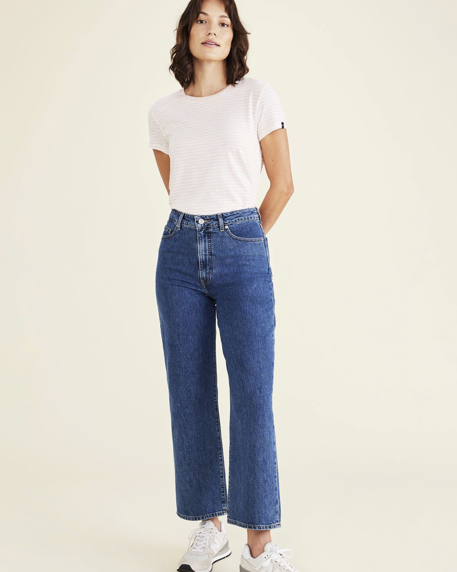 Front view of model wearing Medium Indigo Stonewash Jean Cut Pants, High Straight Fit.