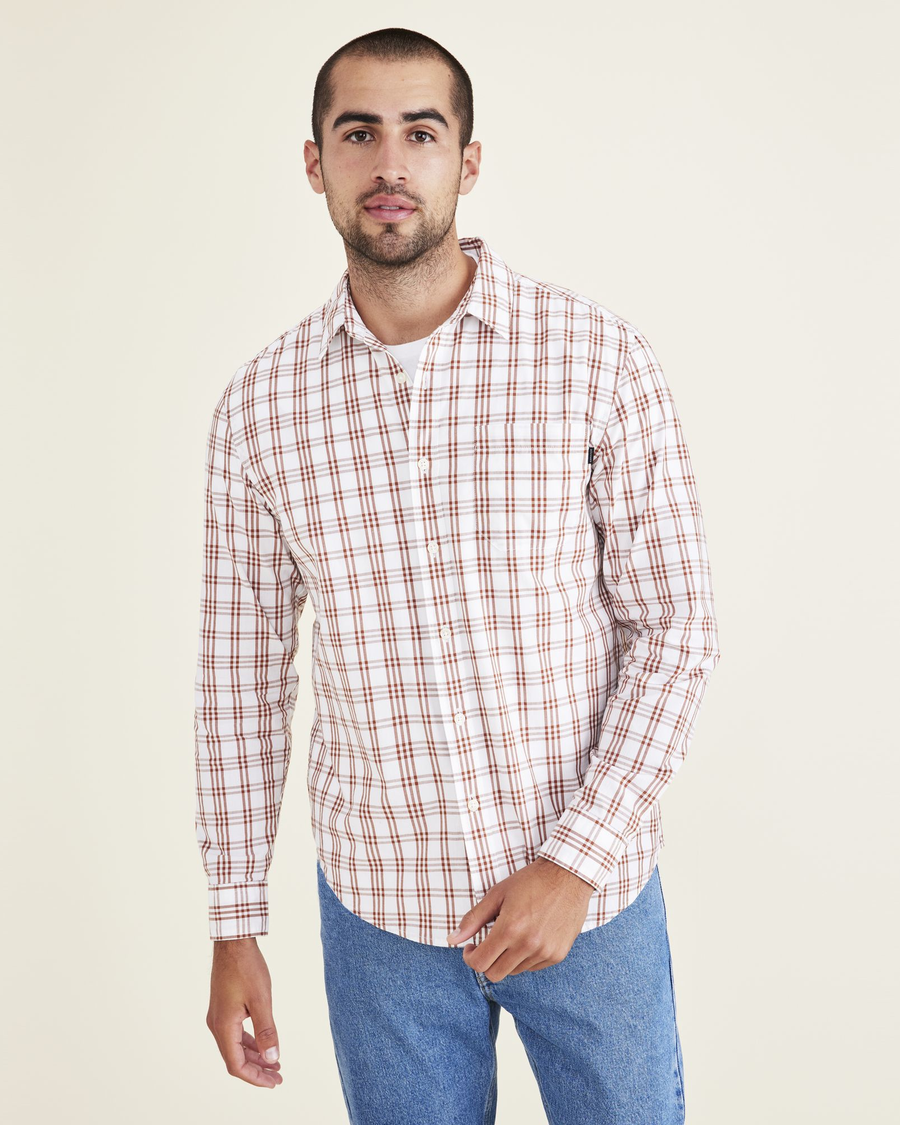 Front view of model wearing Mocha Bisque Ultimate Shirt, Regular Fit.