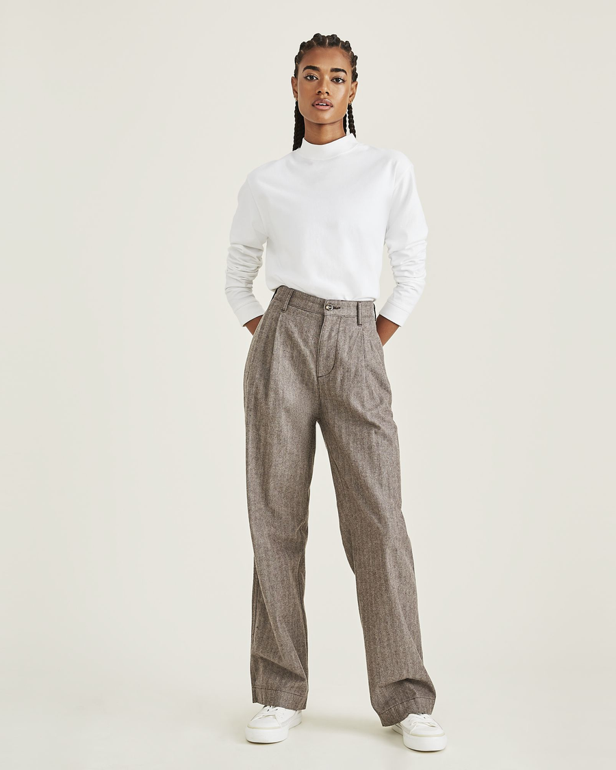 Front view of model wearing Mole Grit Original Pleated Khakis, High Wide.