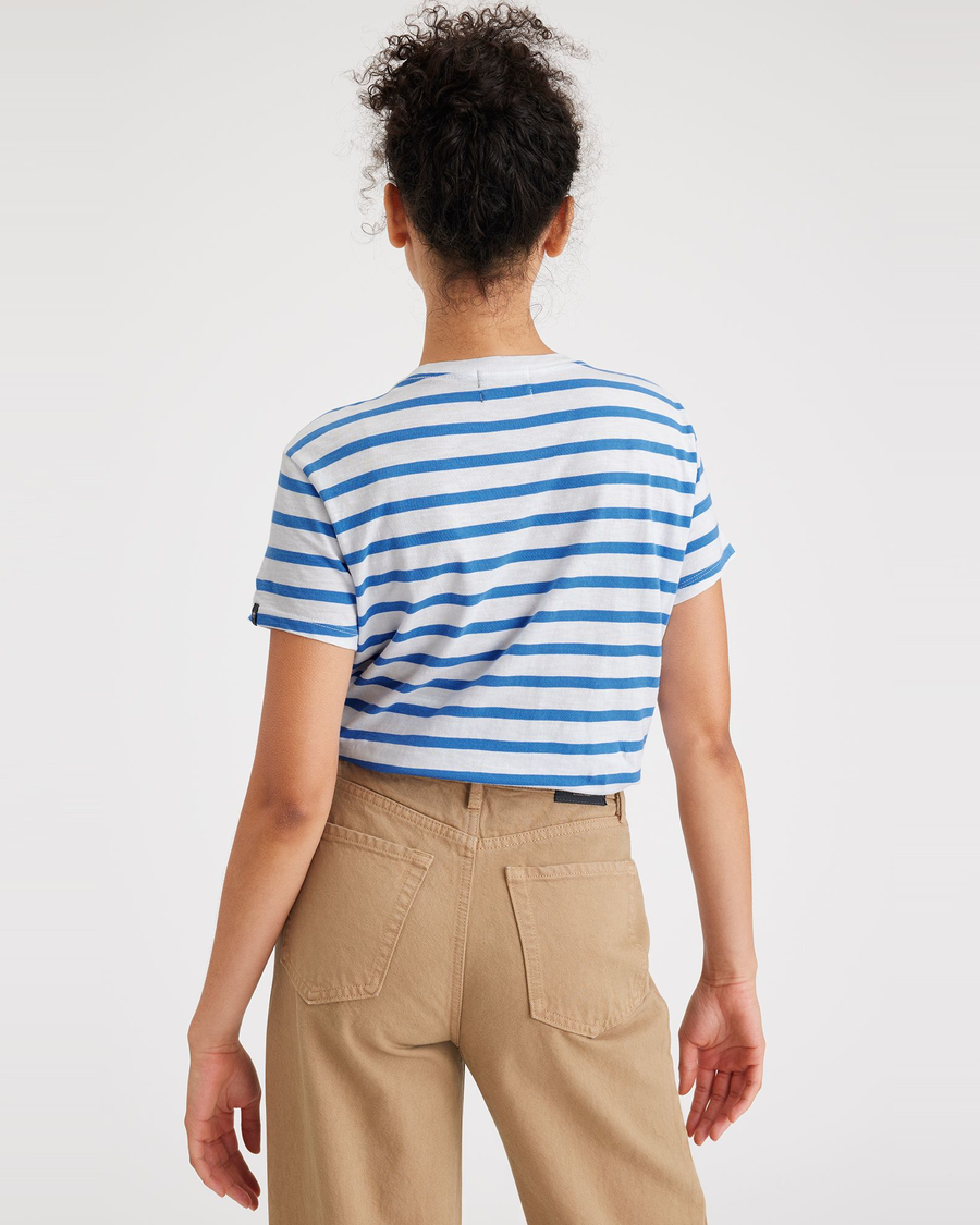 Back view of model wearing Montara Ceramic Blue Favorite Tee Shirt, Slim Fit.