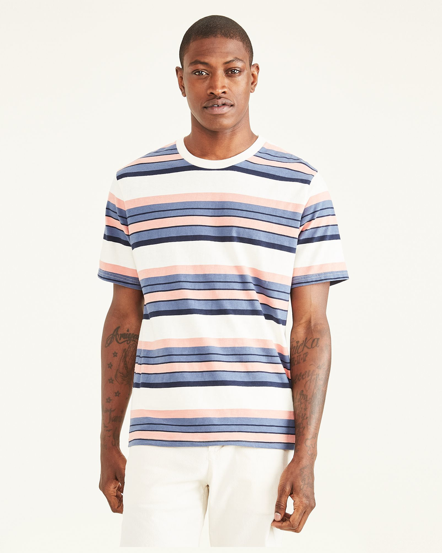 Front view of model wearing Multi-Color Striped Tee Shirt, Regular Fit.