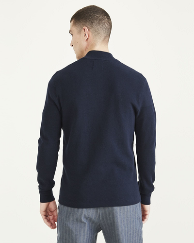 Back view of model wearing Navy Blazer 1/4 Zip Sweater, Regular Fit.
