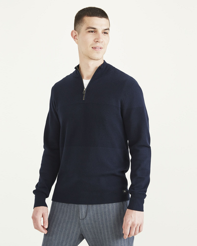 Front view of model wearing Navy Blazer 1/4 Zip Sweater, Regular Fit.