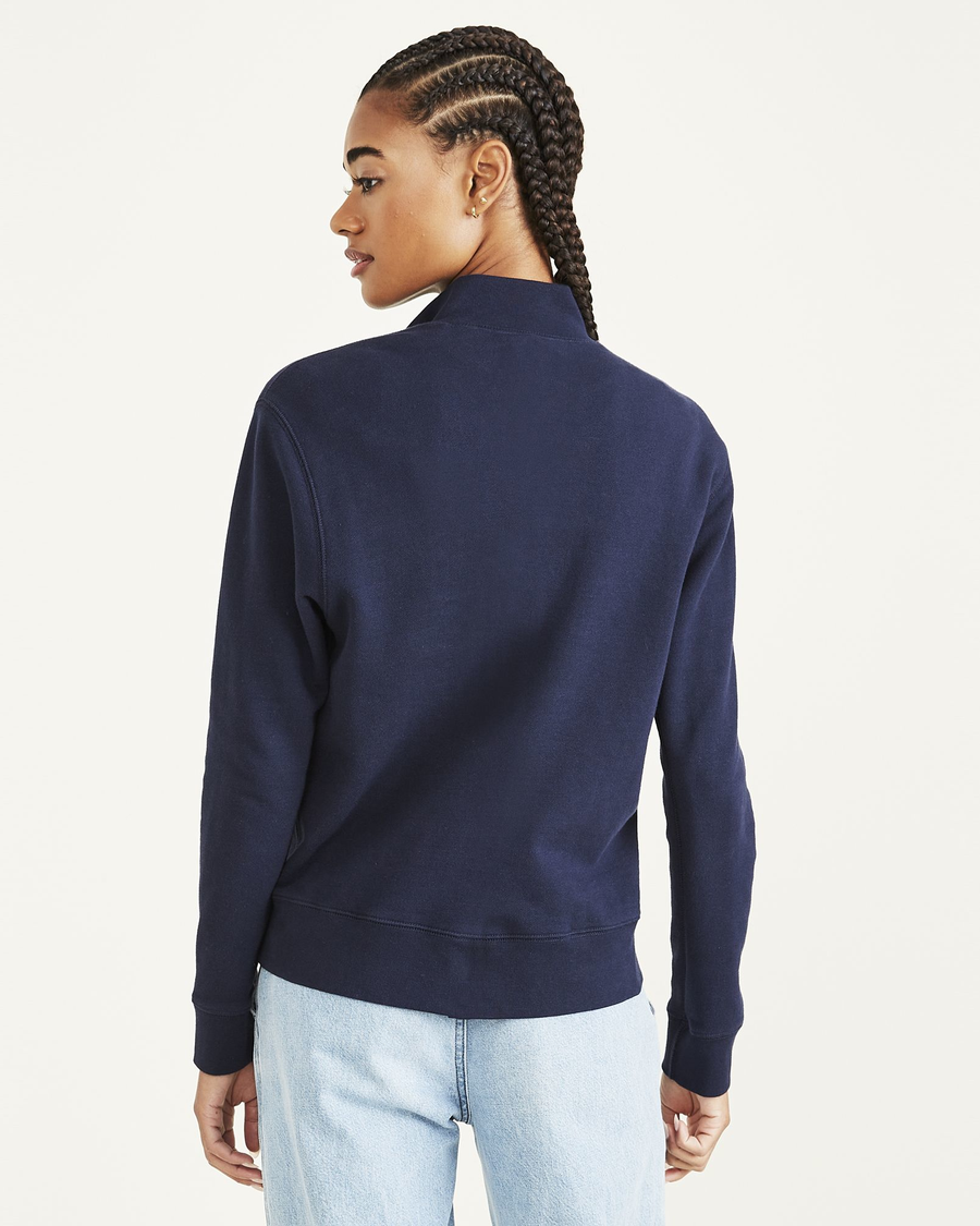 Back view of model wearing Navy Blazer 1/4 Zip Sweatshirt, Regular Fit.