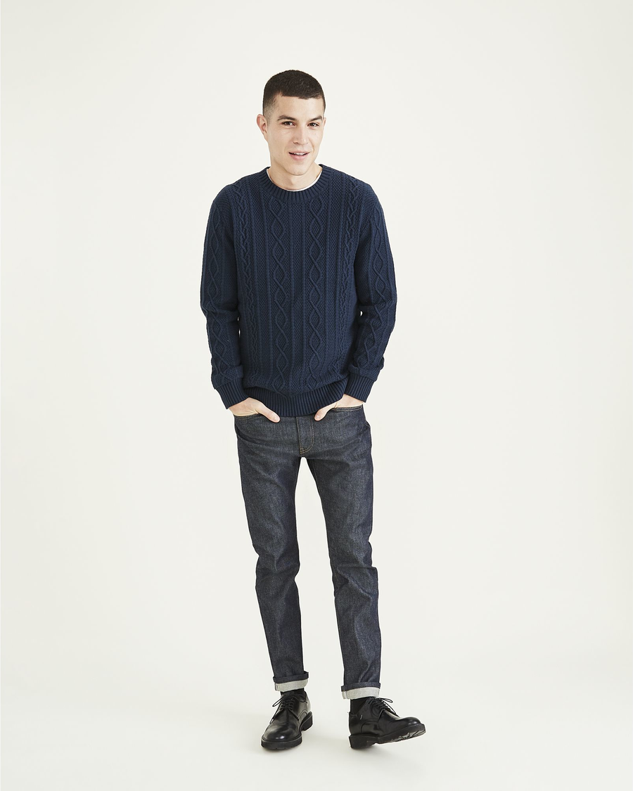View of model wearing Navy Blazer Cable Knit Sweater, Regular Fit.