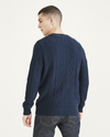 Back view of model wearing Navy Blazer Cable Knit Sweater, Regular Fit.