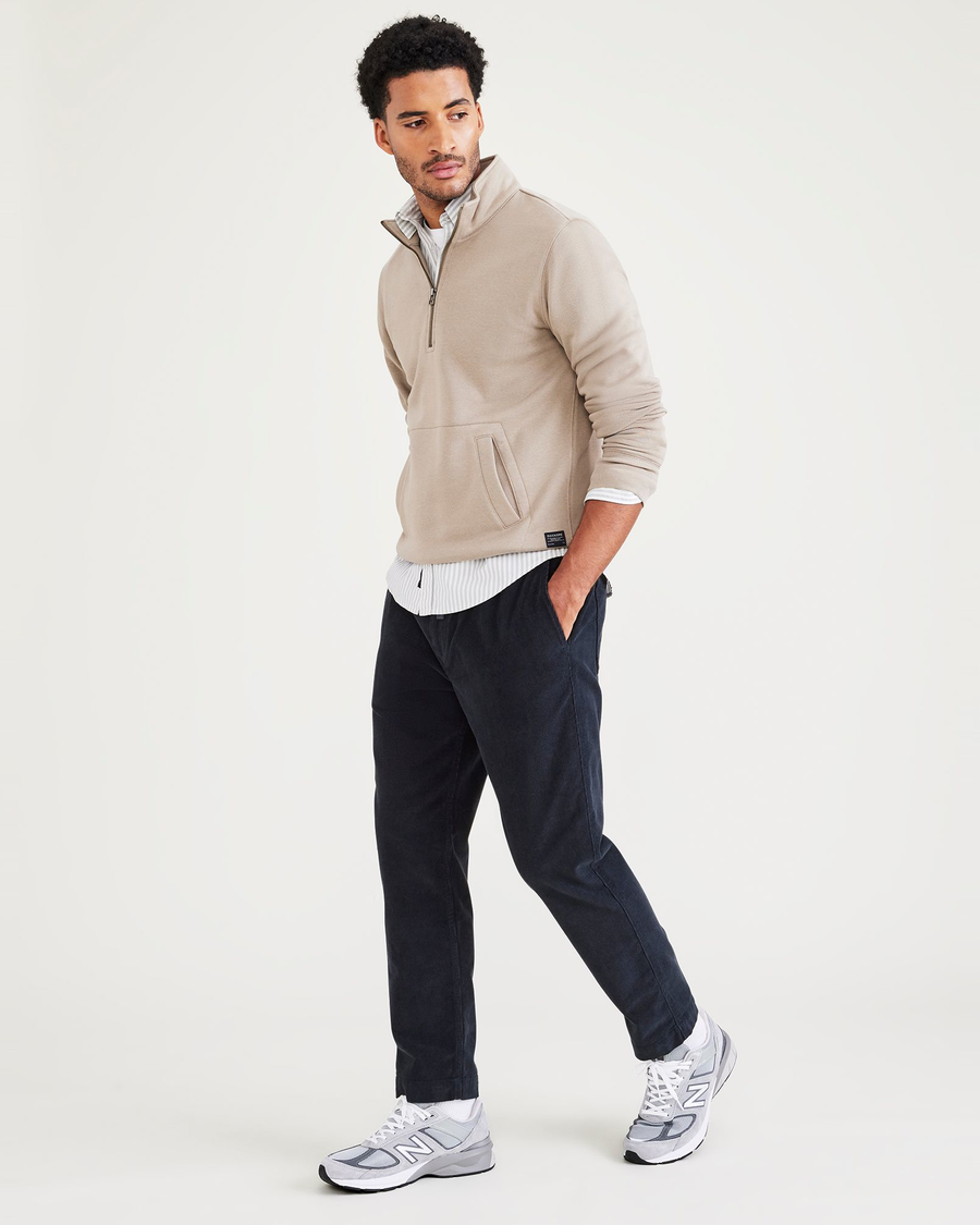 View of model wearing Navy Blazer California Khakis Pull-On, Straight Tapered Fit.