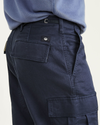 View of model wearing Navy Blazer Cargo Pants, Relaxed Fit.