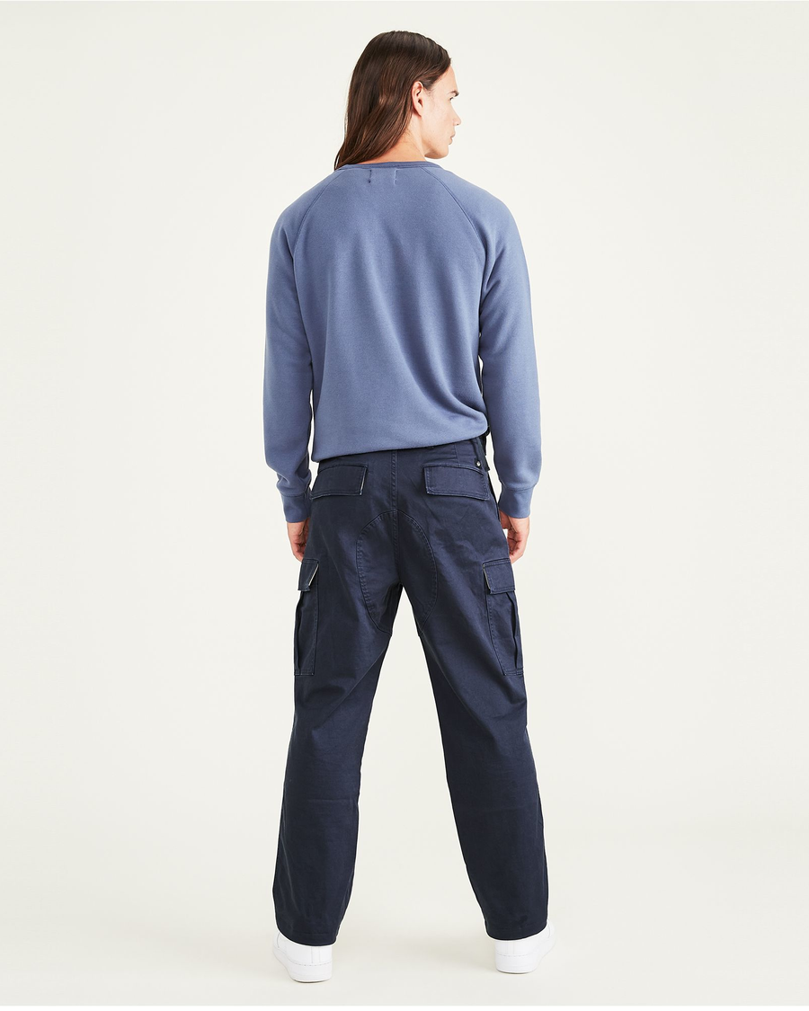 Back view of model wearing Navy Blazer Cargo Pants, Relaxed Fit.