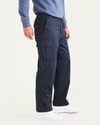 Side view of model wearing Navy Blazer Cargo Pants, Relaxed Fit.