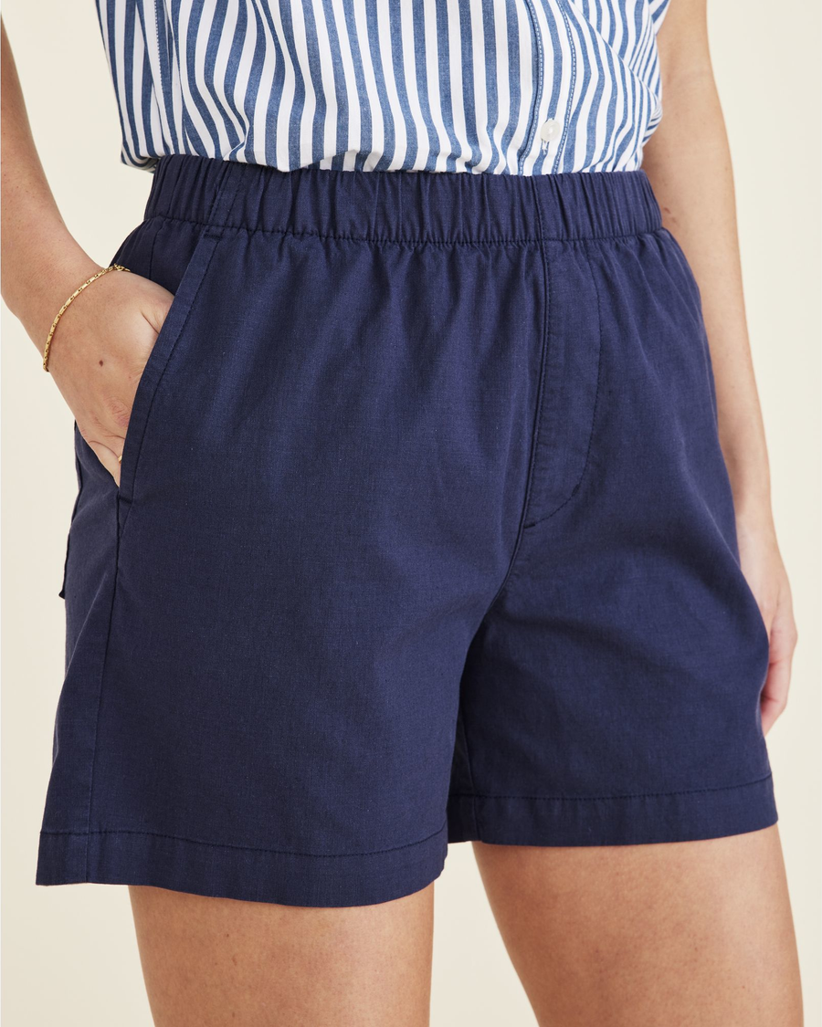 View of model wearing Navy Blazer Clay Pull-On Short.