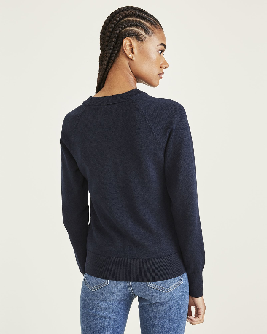 Back view of model wearing Navy Blazer Crewneck Sweater, Classic Fit.