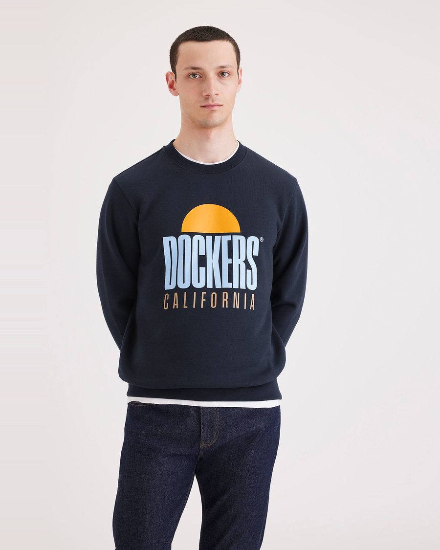 Front view of model wearing Navy Blazer Crewneck Sweatshirt, Regular Fit.