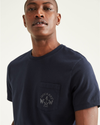 View of model wearing Navy Blazer Dockers® x Jon Rose Collection Pocket Logo Tee Shirt.