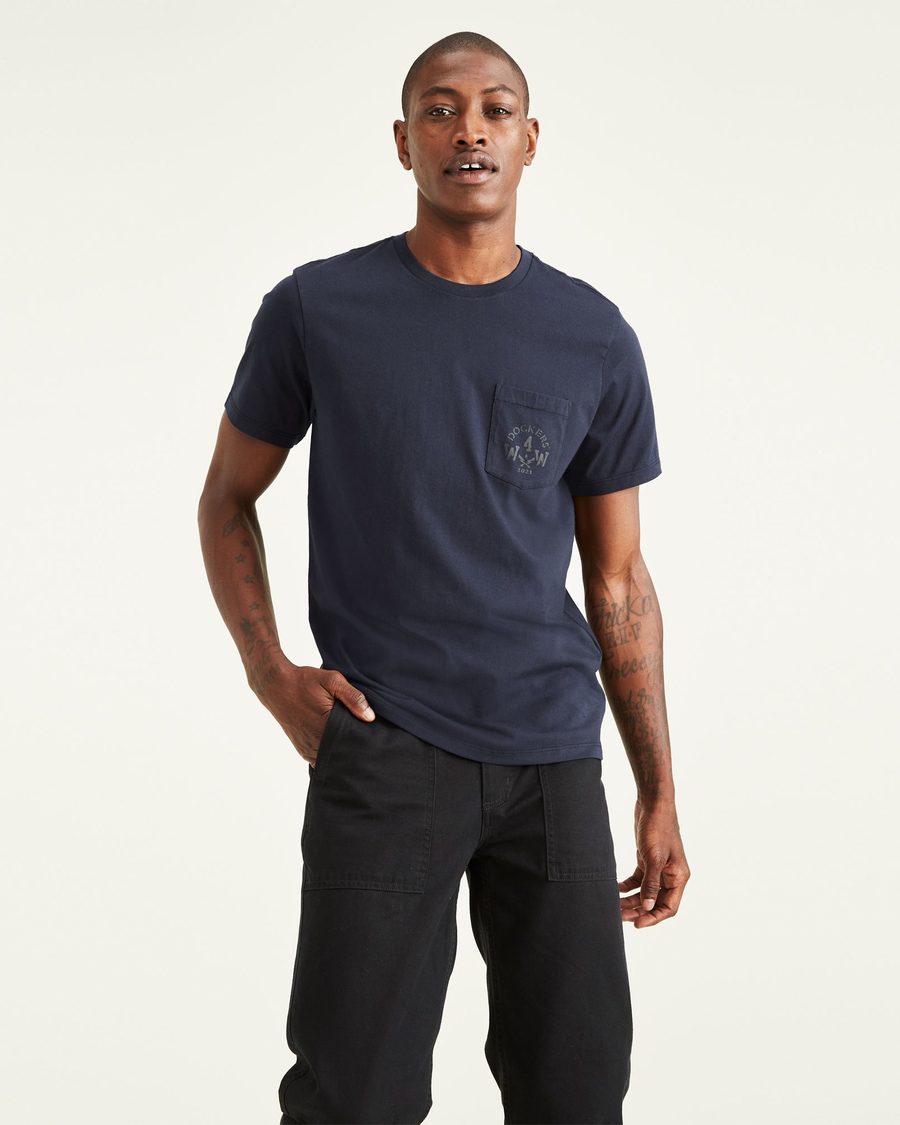 Front view of model wearing Navy Blazer Dockers® x Jon Rose Collection Pocket Logo Tee Shirt.