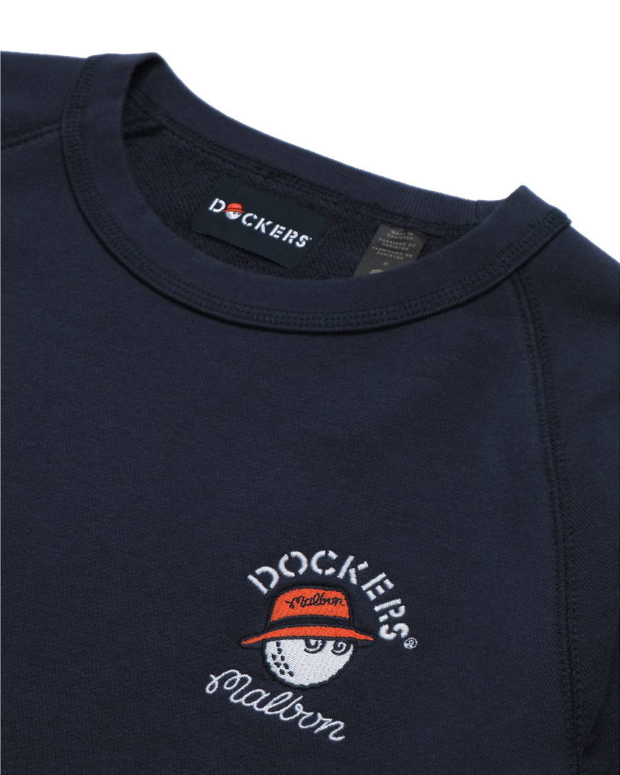View of model wearing Navy Blazer Dockers® x Malbon Original Crewneck Sweatshirt, Regular Fit.