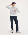 View of model wearing Navy Blazer Go Airweave Chino, Straight Fit.
