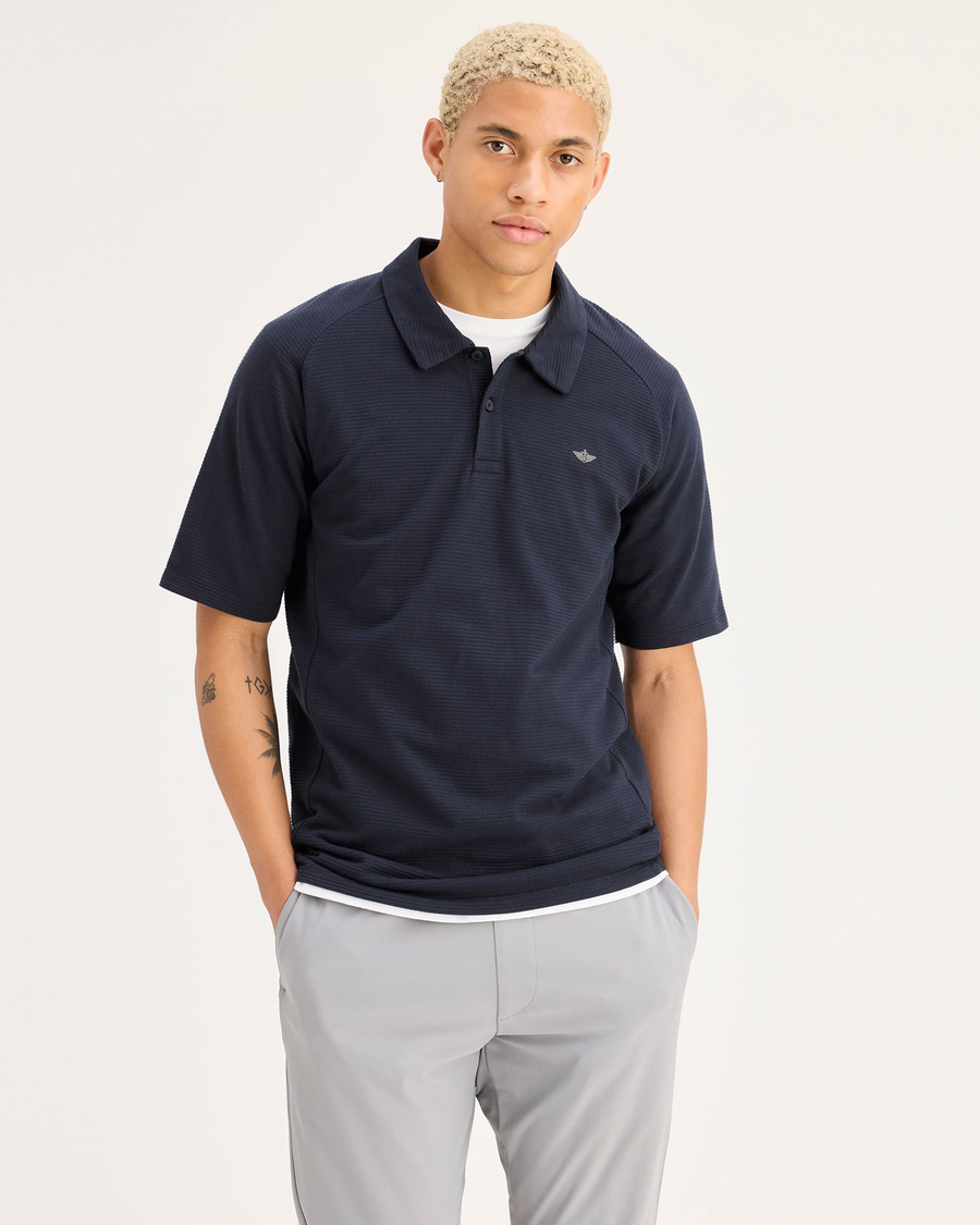 Front view of model wearing Navy Blazer Go Raglan Polo, Regular Fit.