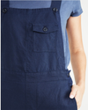 View of model wearing Navy Blazer Linen Overalls, Straight Fit.