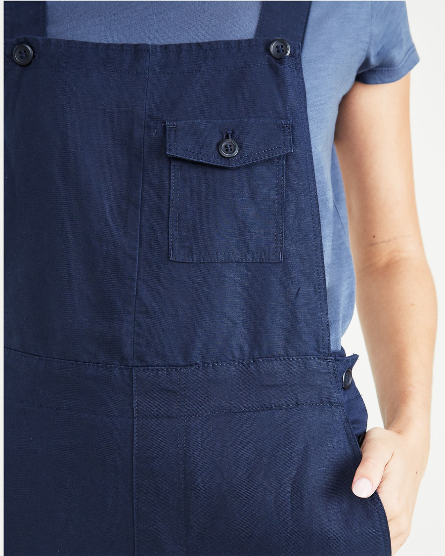 View of model wearing Navy Blazer Linen Overalls, Straight Fit.