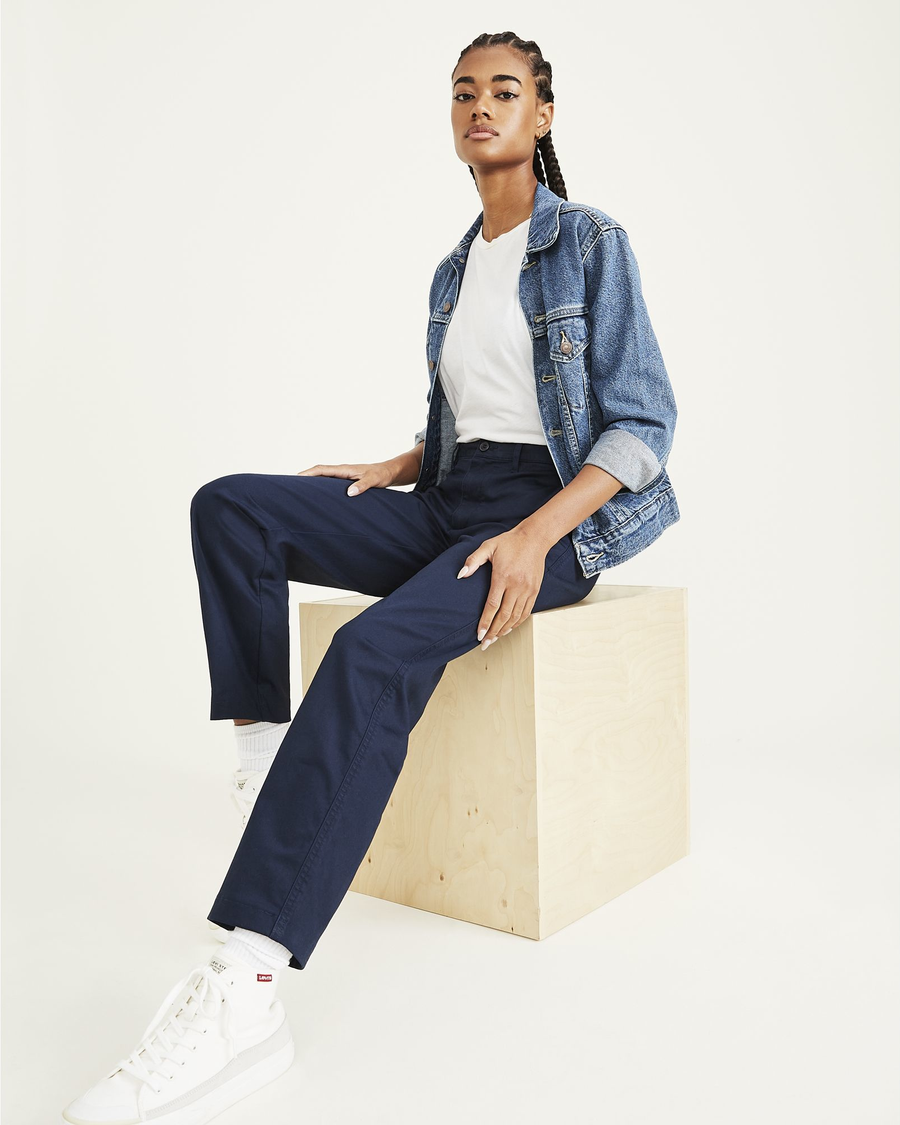 View of model wearing Navy Blazer Original Chinos, High Waisted, Straight Fit.