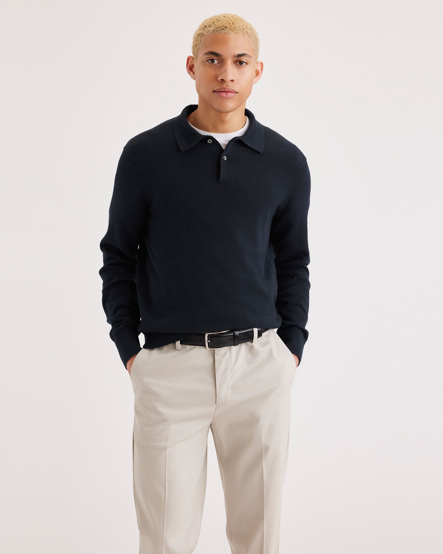 Front view of model wearing Navy Blazer Polo Sweater, Regular Fit.