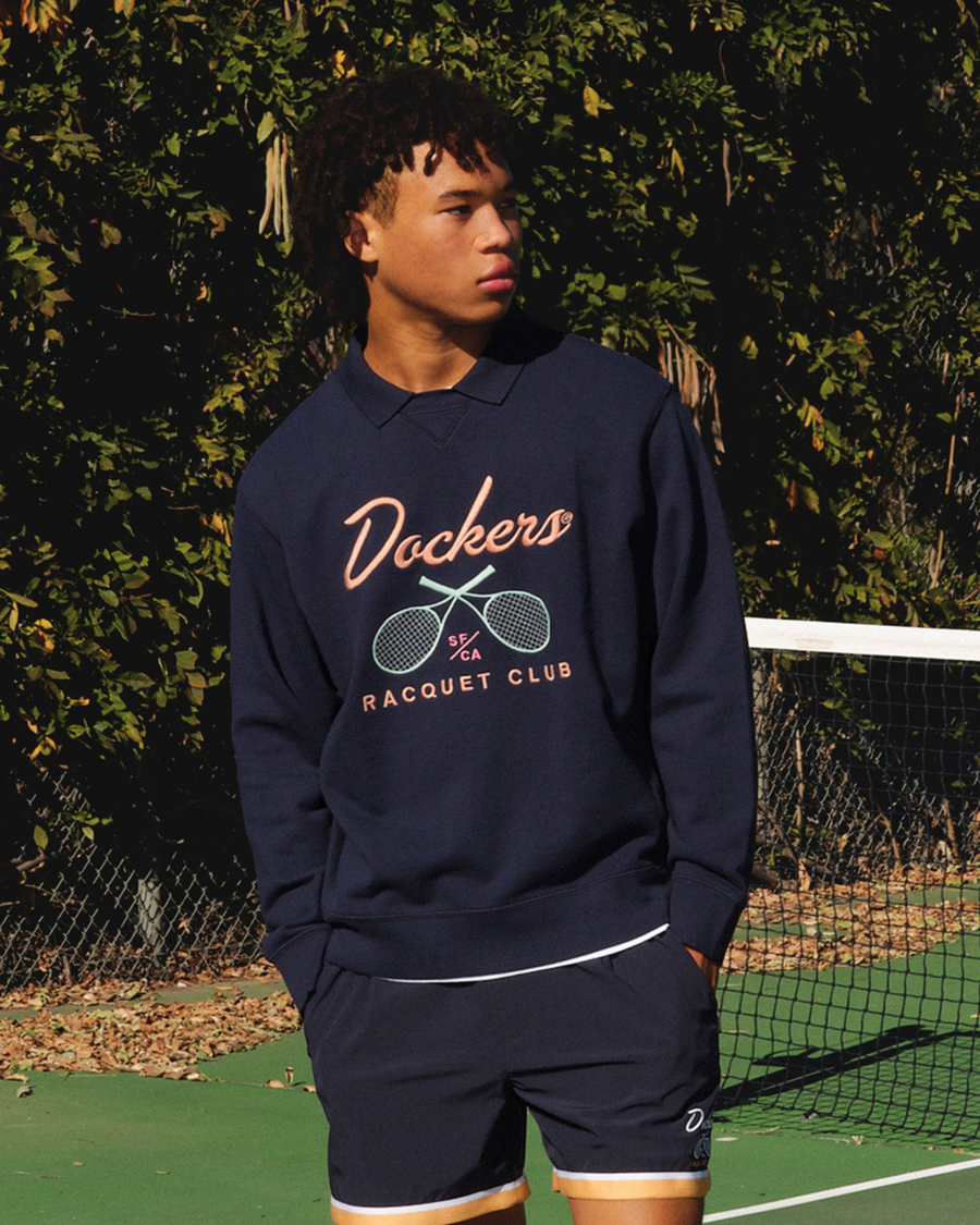 View of model wearing Navy Blazer Racquet Club Collared Sweatshirt, Relaxed Fit.