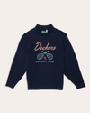 Front view of model wearing Navy Blazer Racquet Club Collared Sweatshirt, Relaxed Fit.