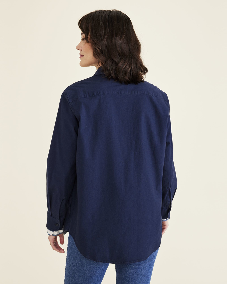 Back view of model wearing Navy Blazer Shirt Jacket, Relaxed Fit.