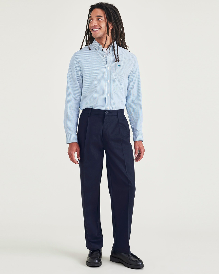 Front view of model wearing Navy Blazer Signature Iron Free Khakis, Pleated, Relaxed Fit with Stain Defender®.