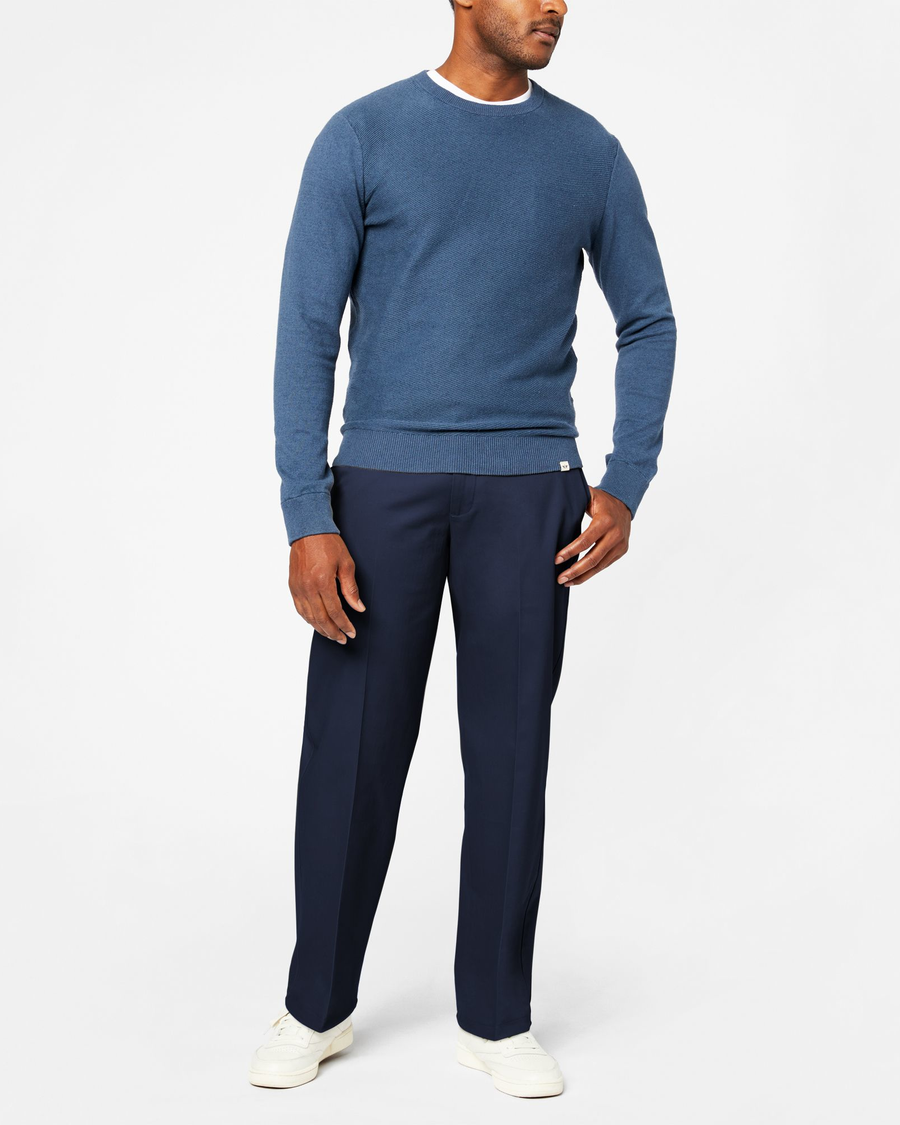 Front view of model wearing Navy Blazer Signature Iron Free Khakis, Relaxed Fit with Stain Defender®.