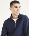 View of model wearing Navy Blazer Sport Half Zip Sweatshirt, Regular Fit.