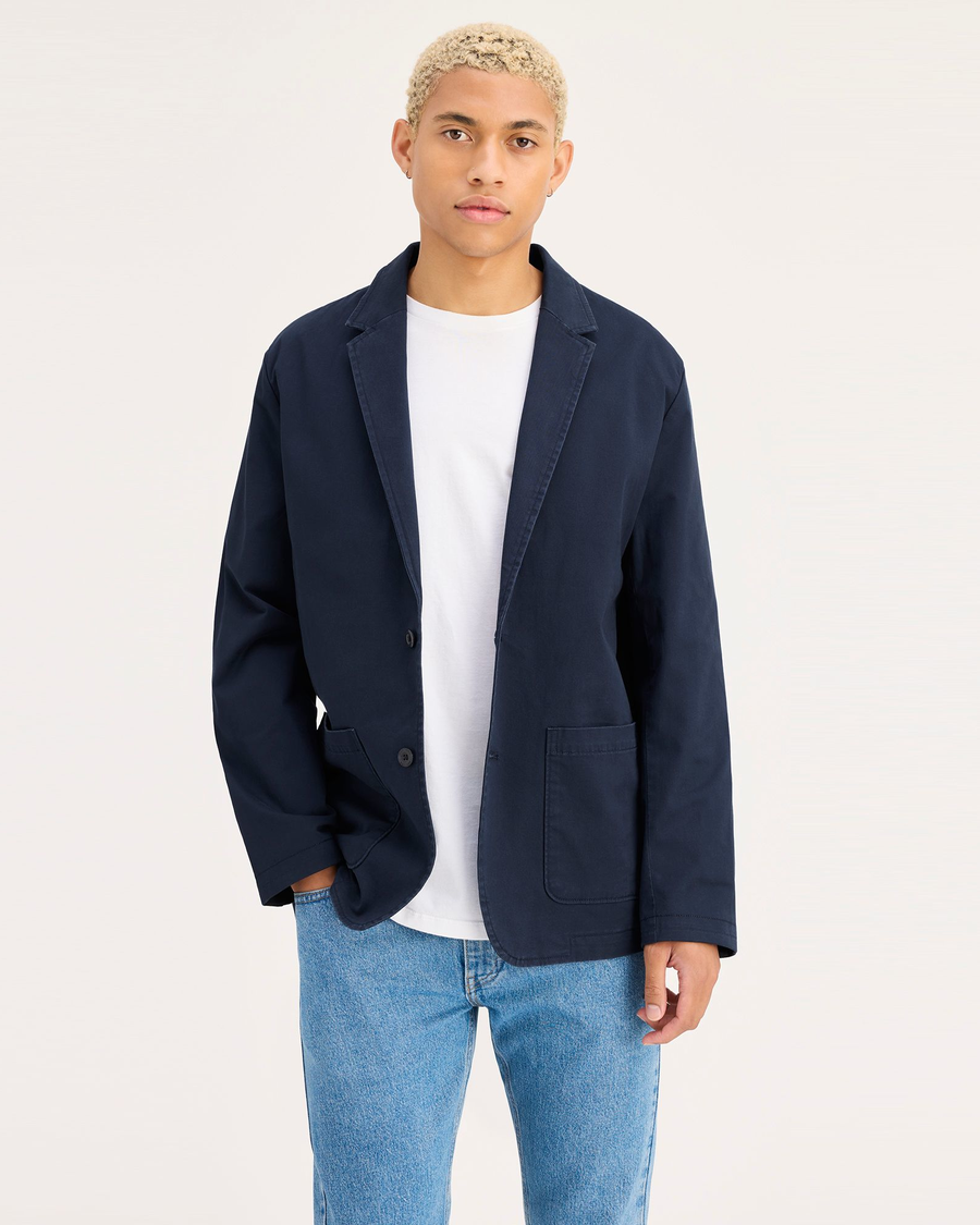 Front view of model wearing Navy Blazer Sport Jacket, Regular Fit.