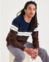 View of model wearing Navy Blazer Stripe Crewneck Sweater, Regular Fit.