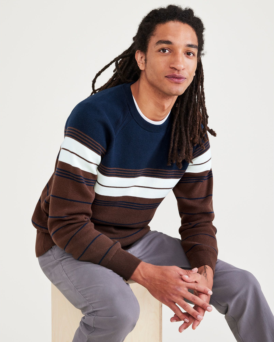 View of model wearing Navy Blazer Stripe Crewneck Sweater, Regular Fit.