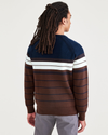 Back view of model wearing Navy Blazer Stripe Crewneck Sweater, Regular Fit.