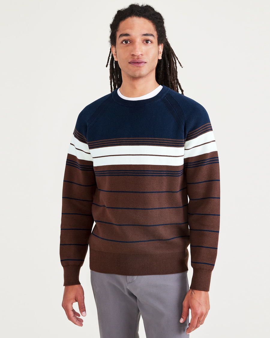Front view of model wearing Navy Blazer Stripe Crewneck Sweater, Regular Fit.
