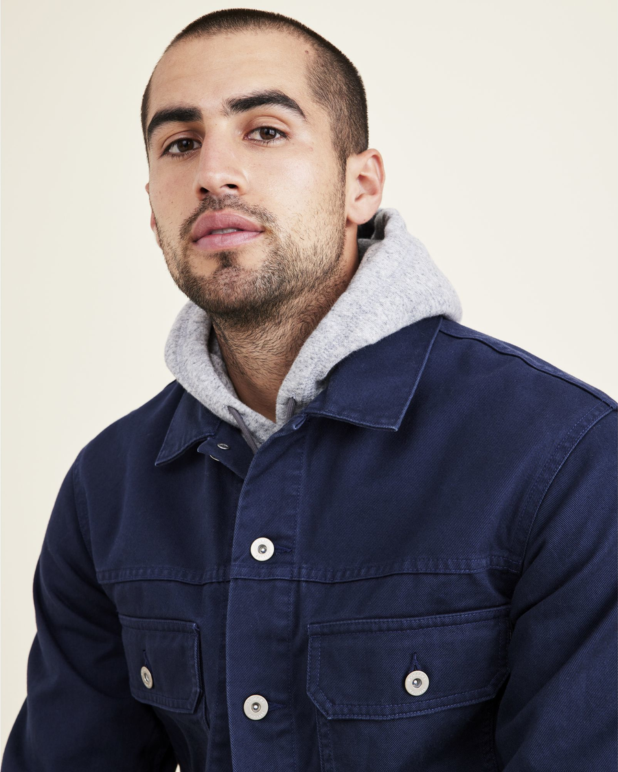 View of model wearing Navy Blazer Trucker Jacket, Regular Fit.