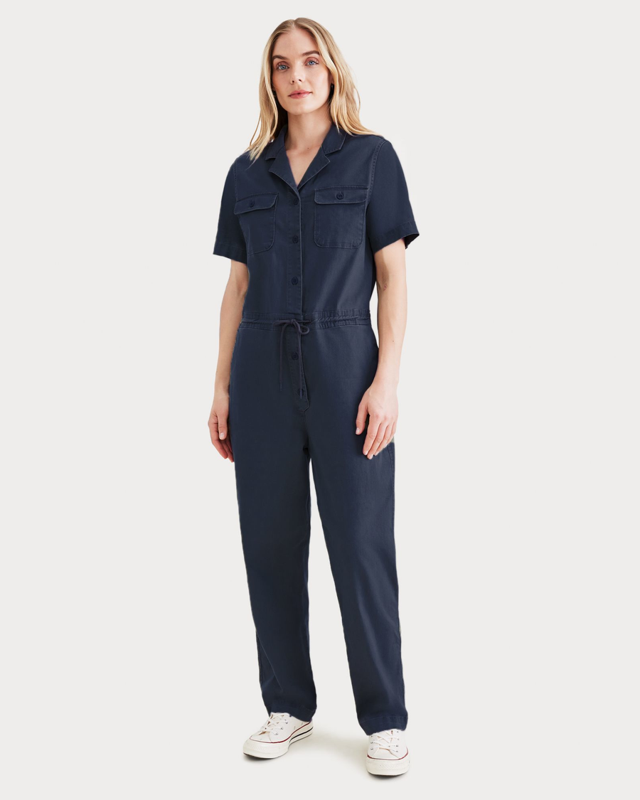 Front view of model wearing Navy Blazer Utility Jumpsuit.