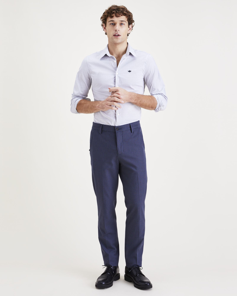 Front view of model wearing Navy Blazer Workday Khakis, Slim Fit.