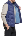 View of model wearing Navy Box Quilt Puffer Vest, Regular Fit.