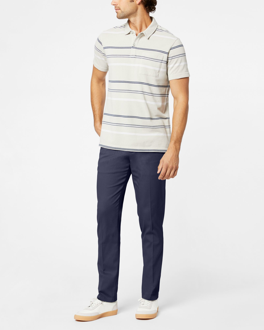Front view of model wearing Navy Easy Khakis, Slim Fit.