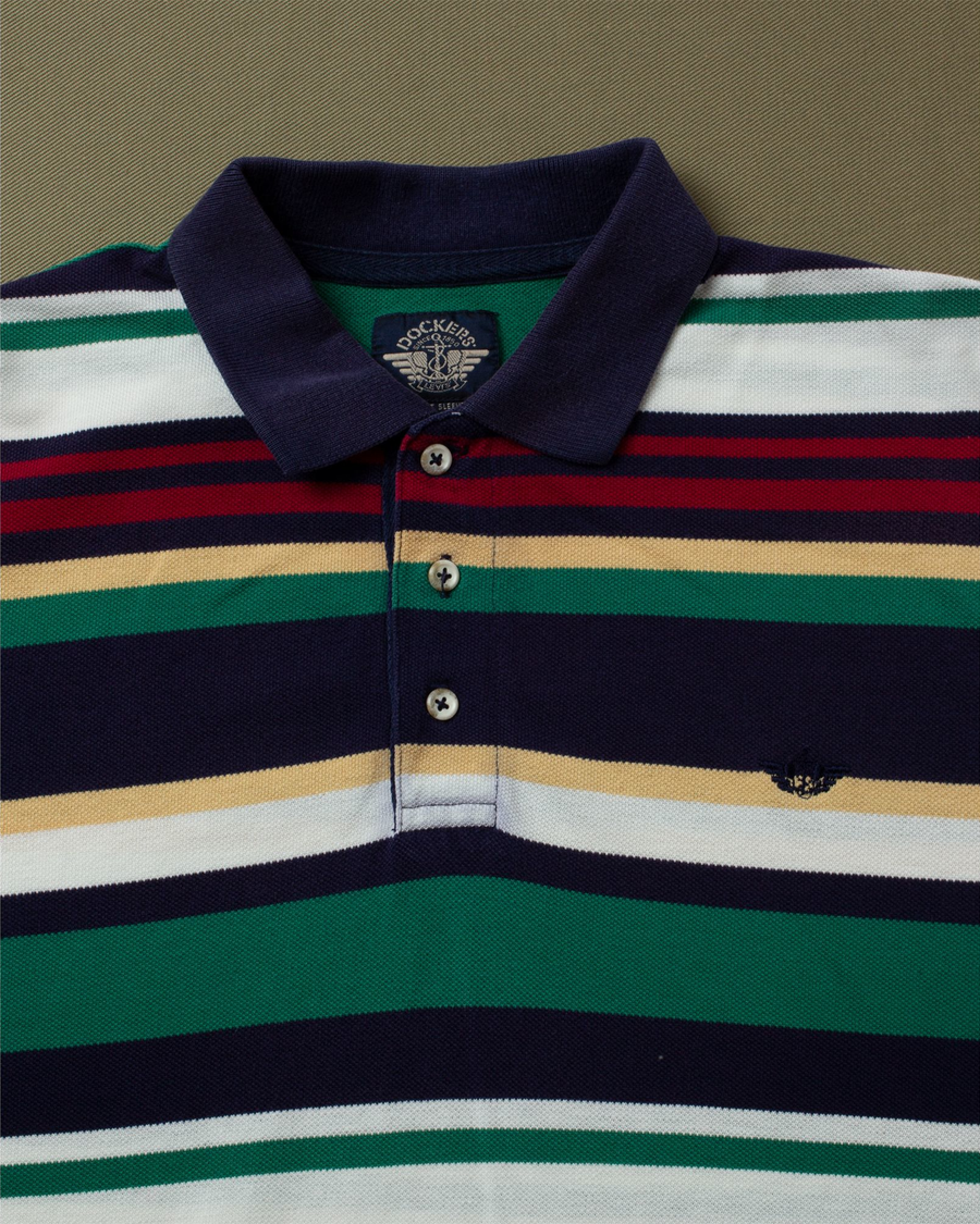 View of model wearing Navy, Green & White Striped Polo, Standard Fit - M.